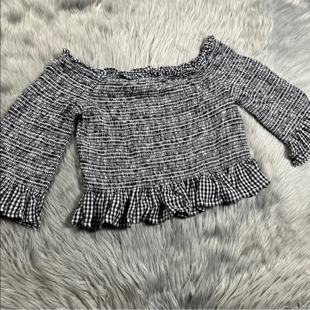American Eagle Black White Checkered Plaid Smocked Off Shoulder Top